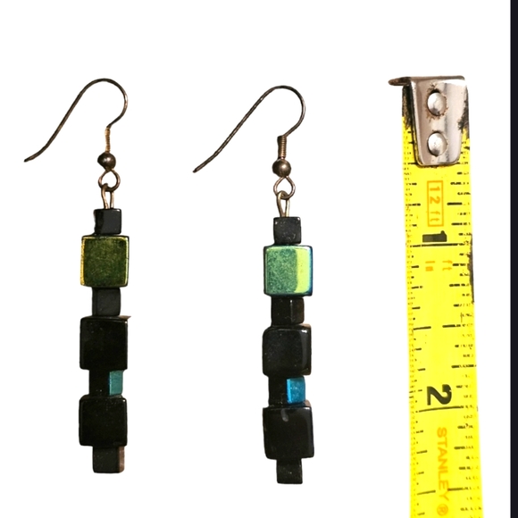 Hematite Cube Dangle Color Shifting Earrings Iridescent Black Blue Metallic - Picture 3 of 6